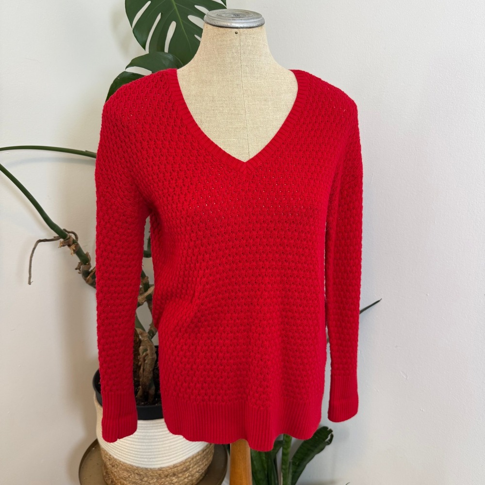 American Eagle Sweater Women Medium Red‎ V-Neck Open Knit Cotton Wool Blend